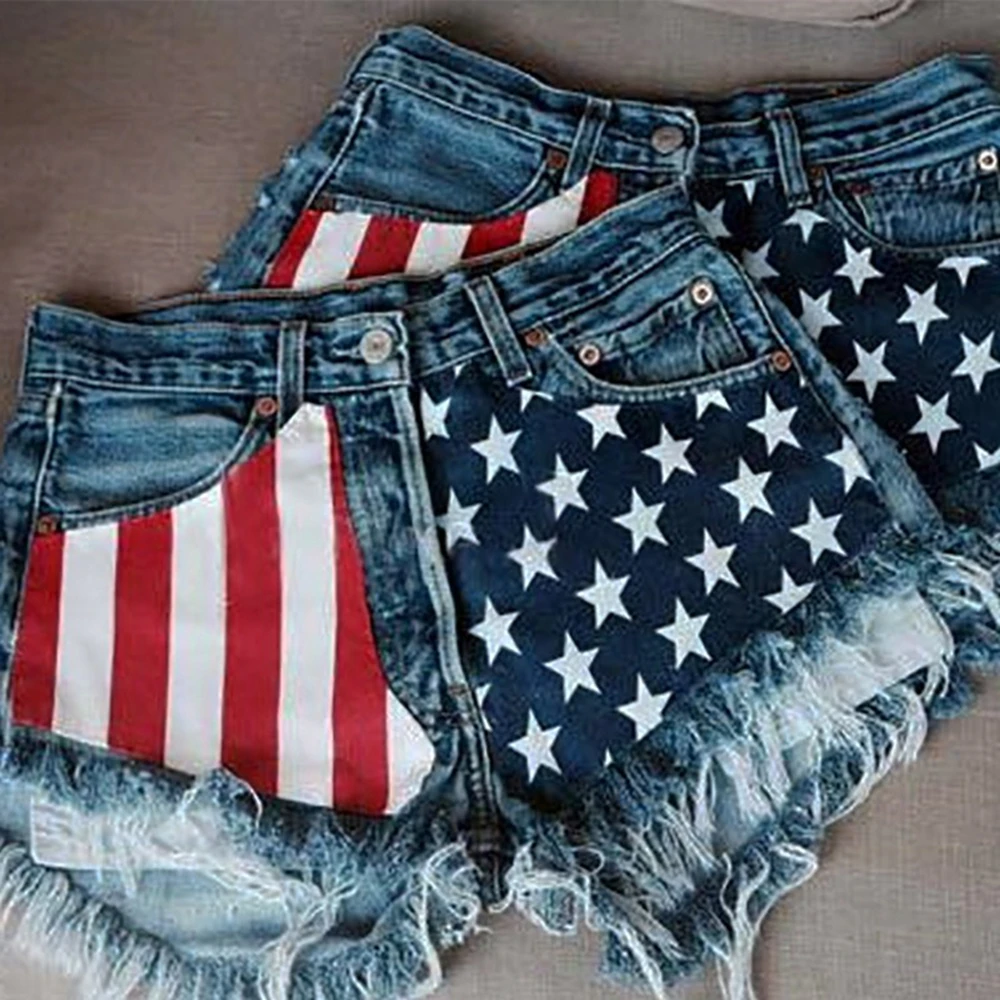 

Women USA National Flag Denim Jeans Shorts Low Waist American Flag Shorts Printed Pole Dance Loose Vintage Navy Pants Jeans