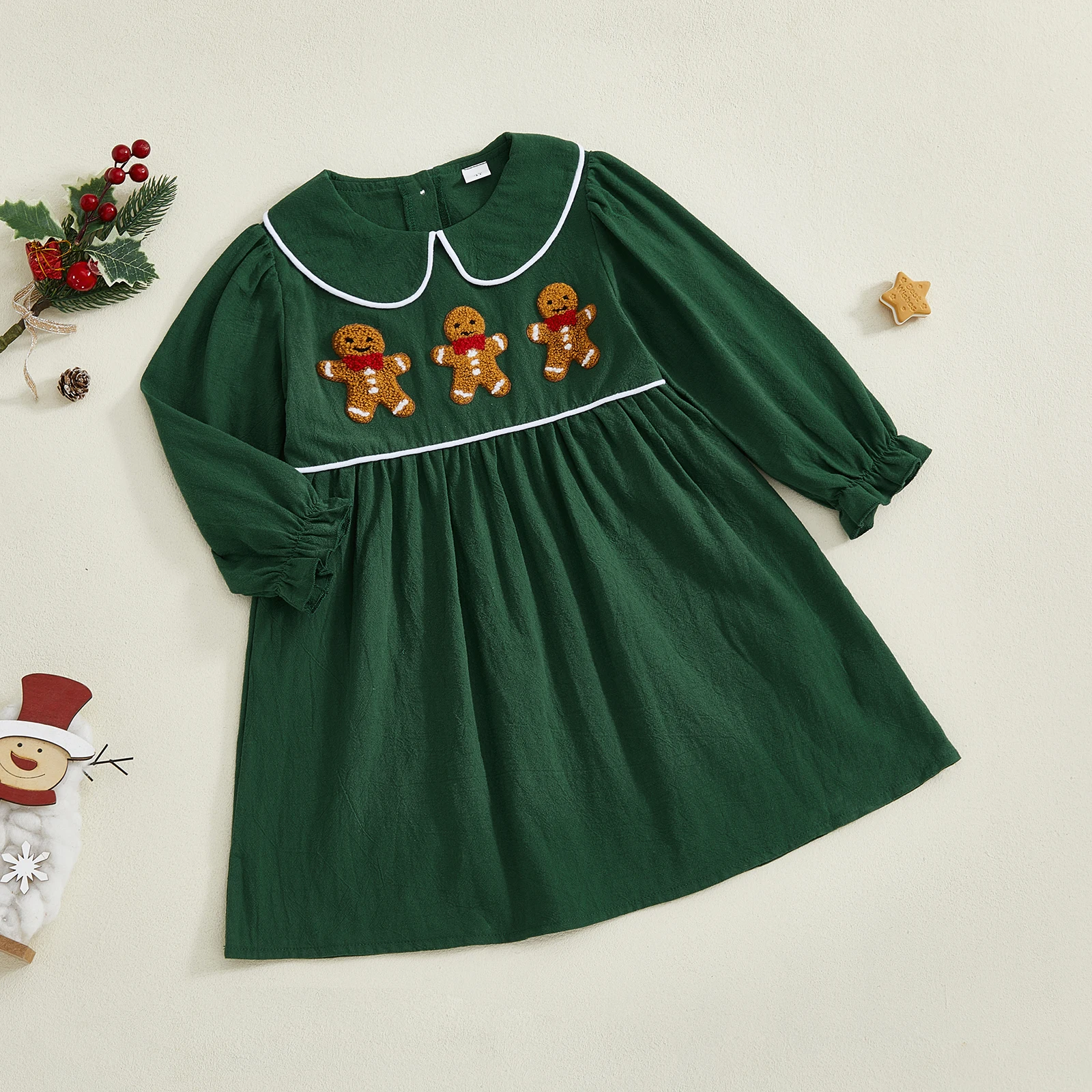2-6Y Kids Girl Christmas Dress Casual Gingerbread Man Embroidery Doll Collar Long Sleeve Dress for Baby Cute Clothes