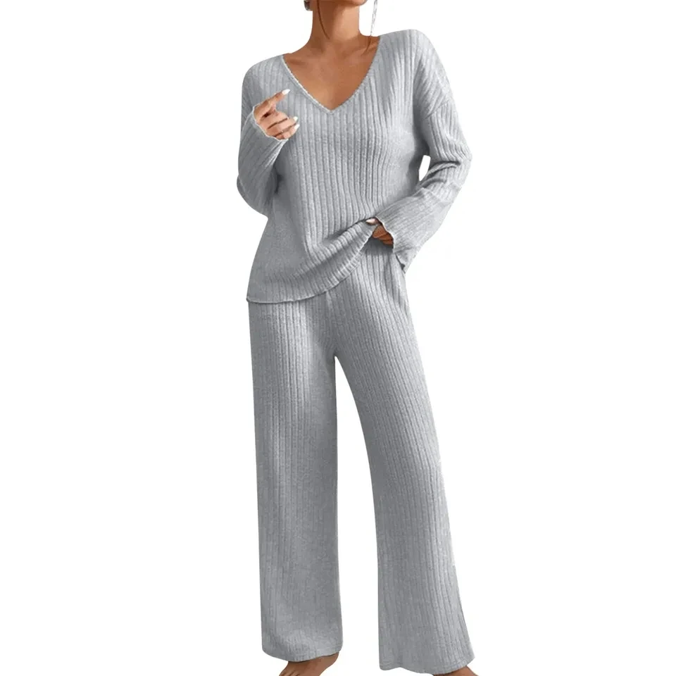 Spring Autumn Two Piece Pant Sets Women V Neck Long Sleeve Ribbed Tops And Wide Leg Pants Suit Solid Casual Women's Outfit
