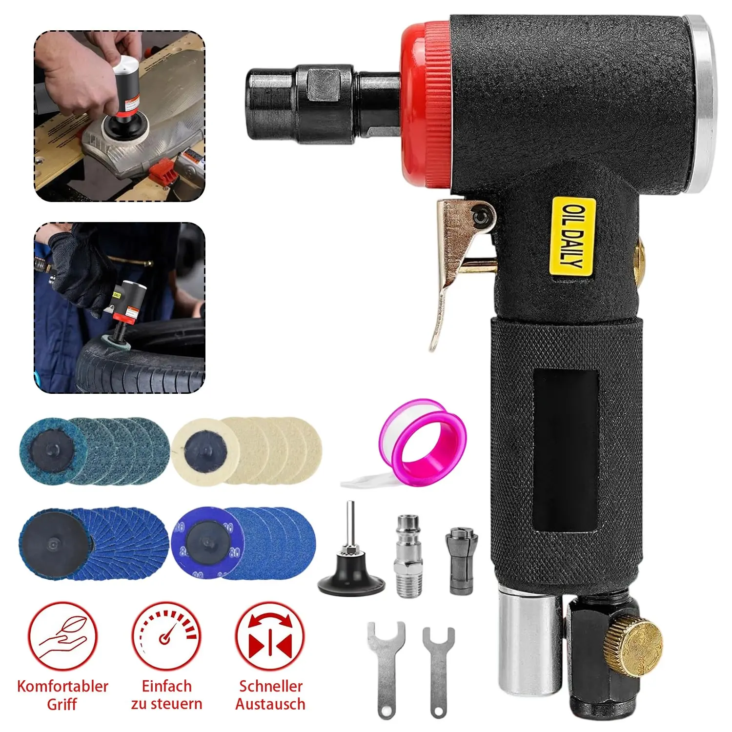 90 °   Winkelpneumatikschleifer-Set mit Fingerdruckschalter, 3mm/6mm Spannzange und 20 Stück Schleifpapier-Polierwerkzeug