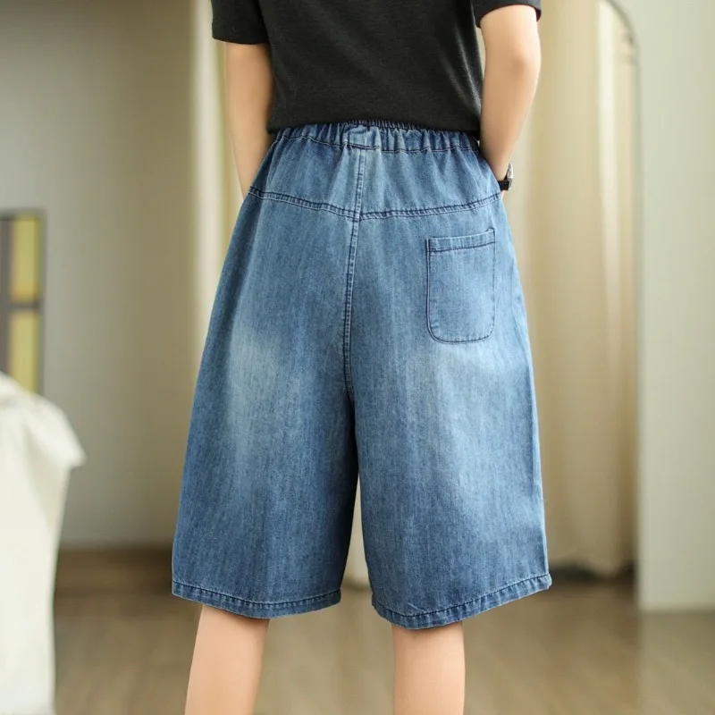 

Summer Vintage Ripped Denim Shorts Women Thin Embroidered Elastic Waist Loose Plus Size Six-Point Knee Length Jeans Kawaii