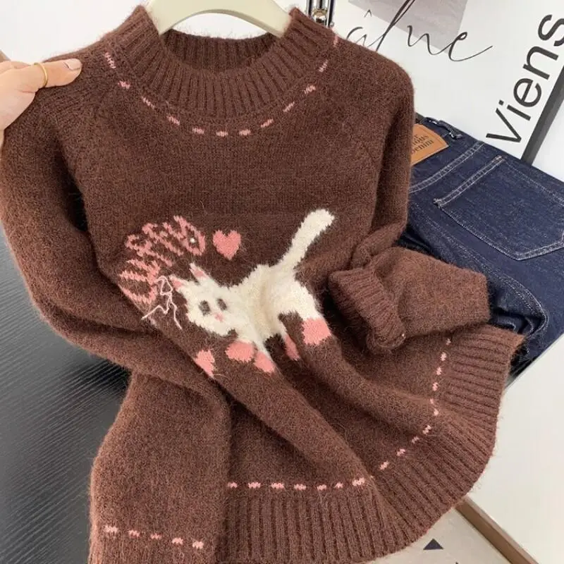 

Women's Sweaters Girl Knitwear Maillard Retro Cute Cat Fair Isle Color Block Round Neck Autumn Winter Youthful Knit Tops Ladies