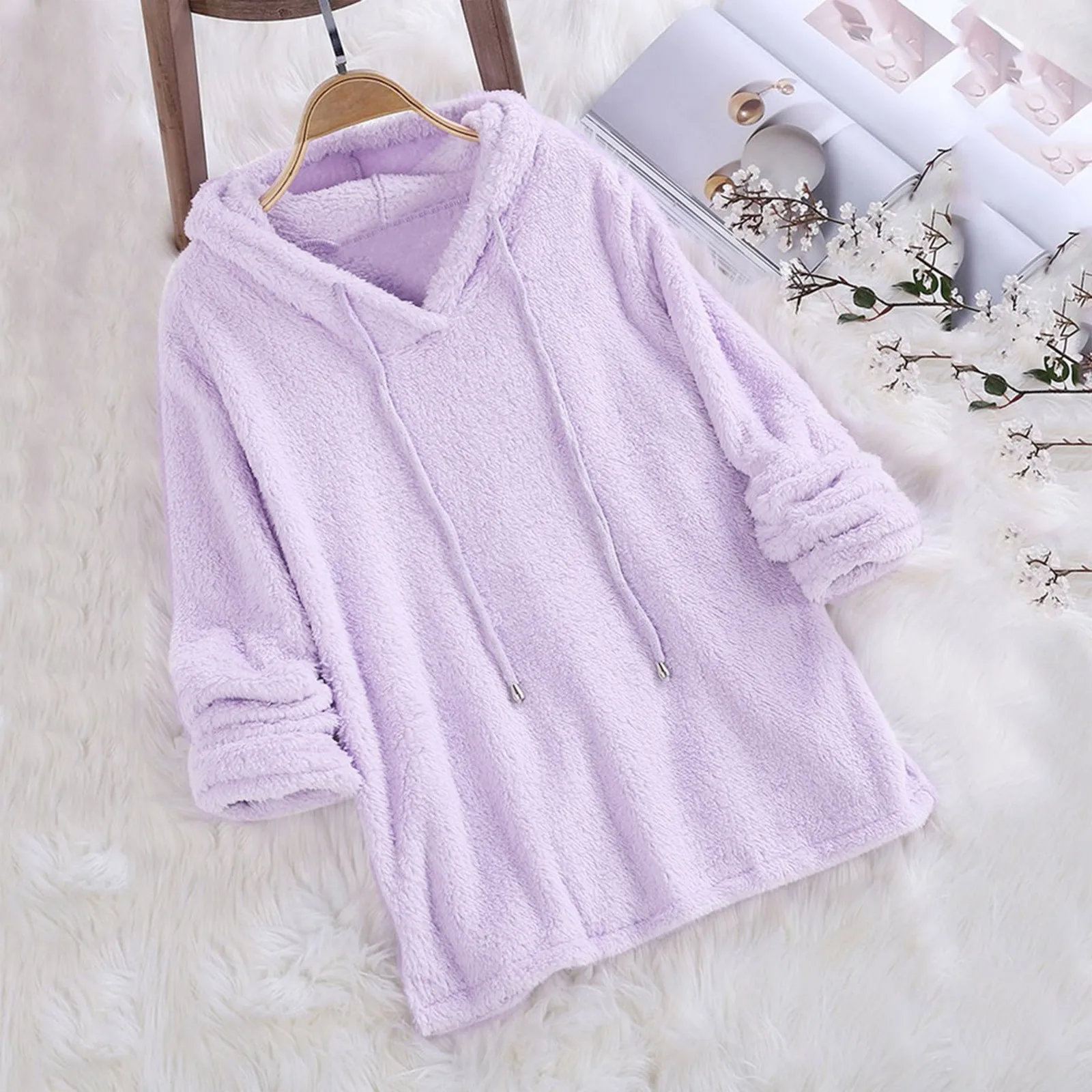 2024 Warm Solid Fluffy Flannel Pullover Pajama Loose Hooded Sweatshirts Top Korean New Women Long Sleeve Plush Hoodies Lady