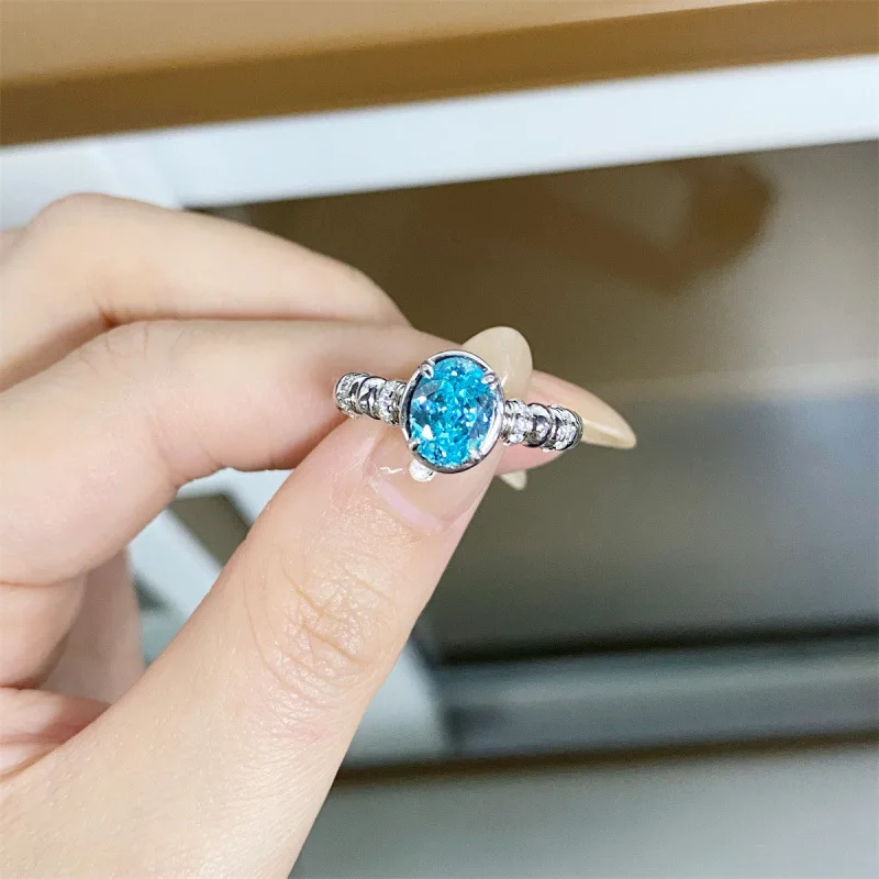 S925 sterling silver Paraiba ring neon blue-green light luxury style niche design colorful treasure girl