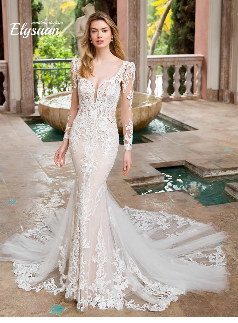 Vestido De Novia personalizado con apliques De lentejuelas, Vestido De Novia modesto De manga larga, elegante Vestido De Novia De sirena