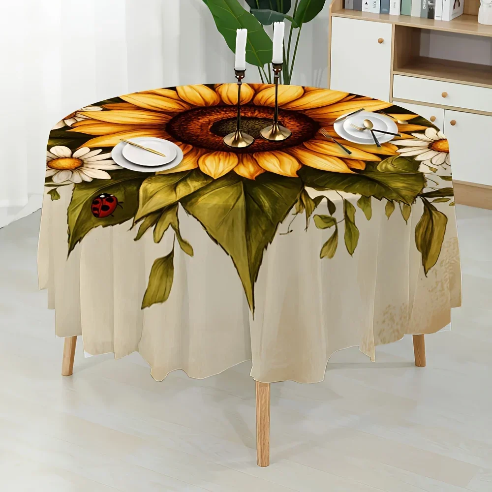 harmonious circular tablecloth design featuring sunflowers and daisies, inviting you to enjoy a wonderful dining experiencexzj