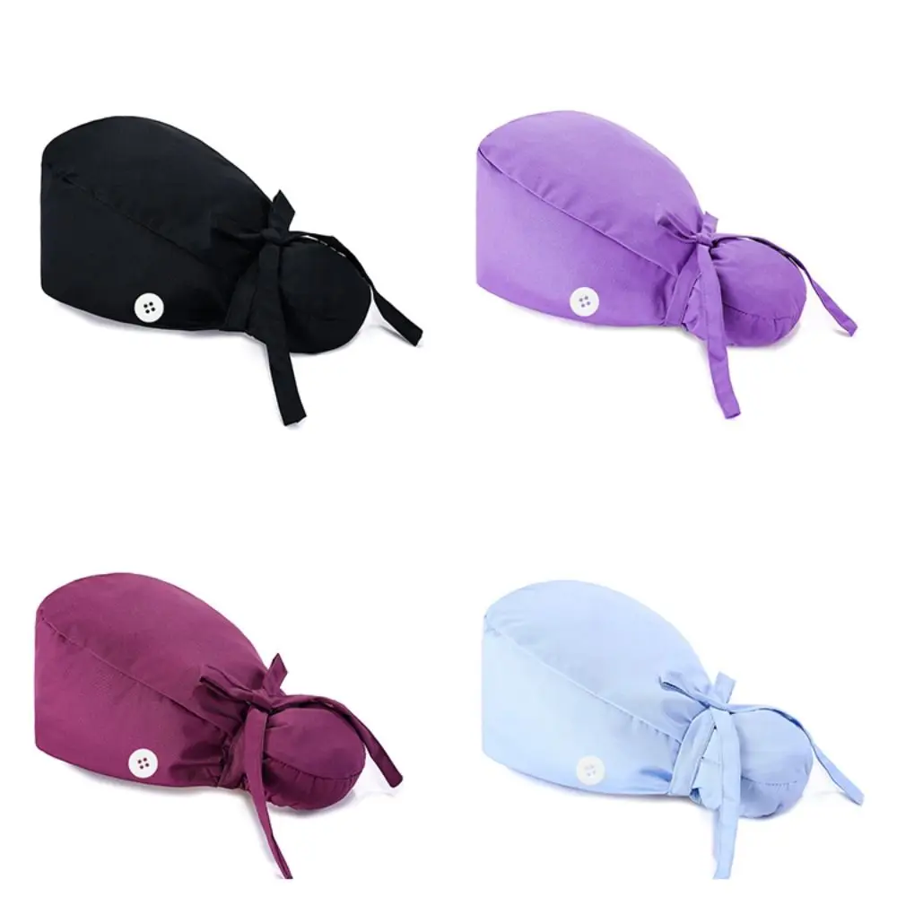 1PC Women Men Surgical Scrub Caps Ponytail Holder With Buttons Adjustable Dentist Nursing Hats Bouffant Long Hair Turban Hats