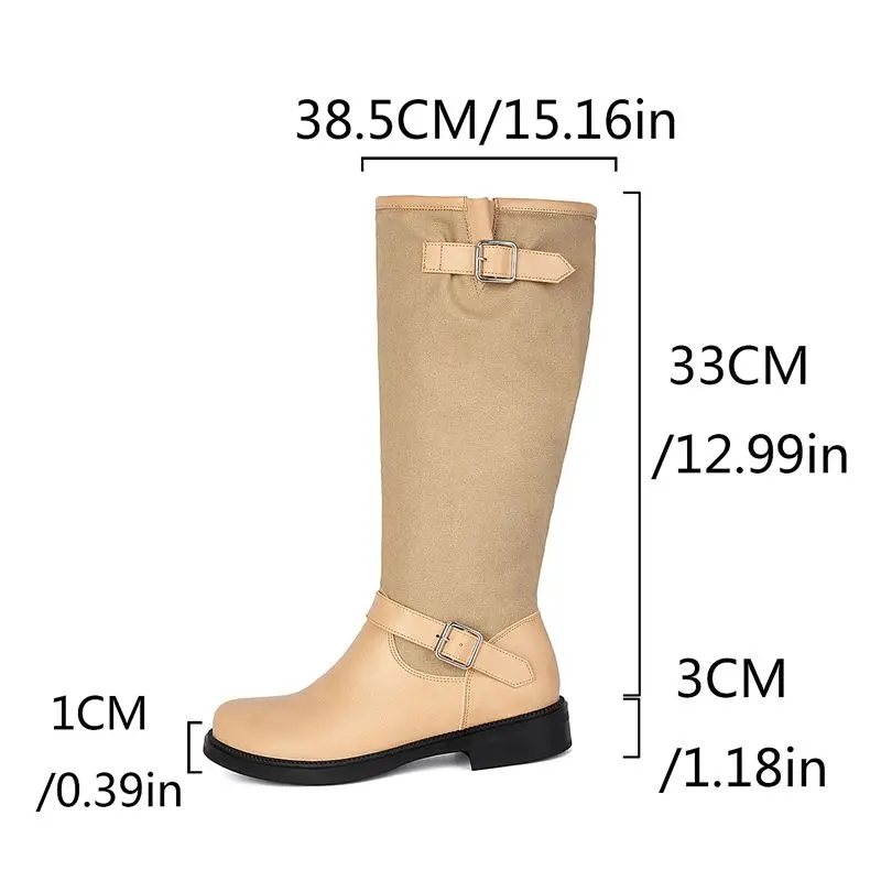 REAVE CAT Apricot Women Knee High Boots Round Toe 3cm Low Heel Slip On Belt Buckle Mixed Color Daily Splicing Plus Size 41 42 43