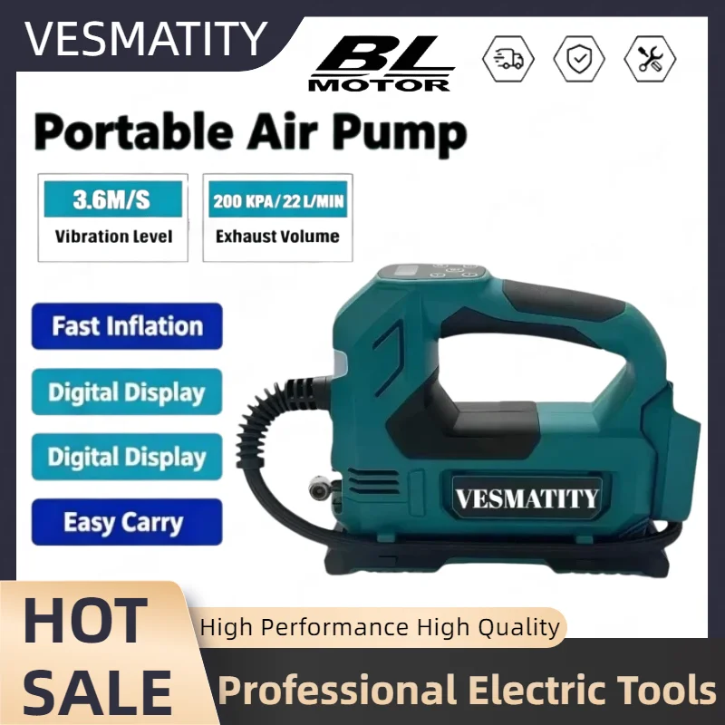 Portable Tyre Pump With Digital DisplayTool For Cars & Motorcycles Brushless Air Pump Cordless Air Inflator For Makita Battery