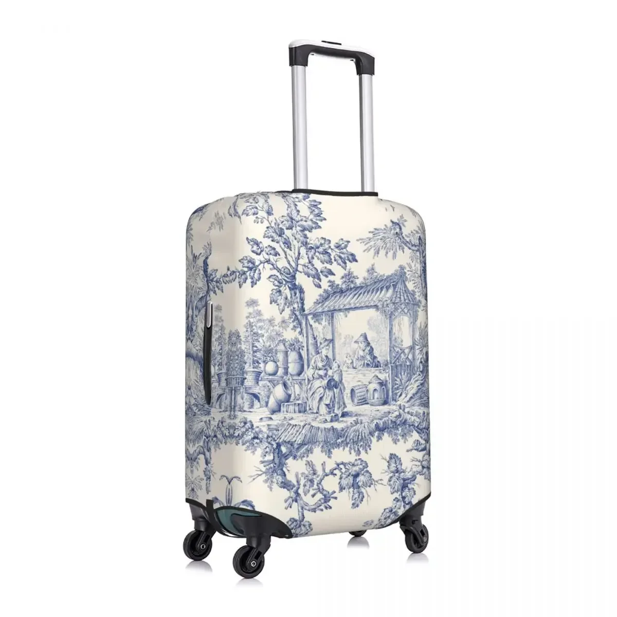 Funny Vintage Classic French Toile De Jouy Navy Blue Motif Pattern Luggage Cover Protector Washable Travel Suitcase Covers