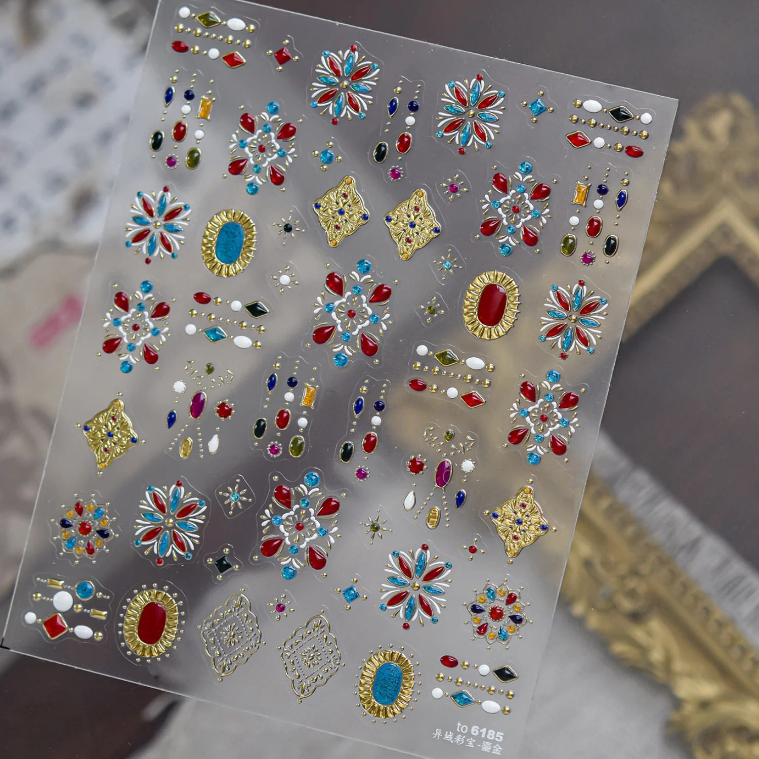 Bohemian Vintage Imitation Color Gem Gilded Metal Carved Frame Rhombus Retro Badge 5D Nail Stickers Self Adhesive Nail Decals