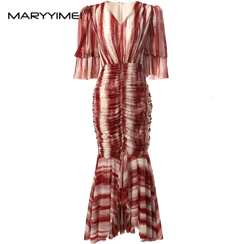 

MARYYIMEI Fashion Design Spring Summer Women's High Waiste V-Neck Flare Sleeve Pretty Slim-Fit Hip Wrap Folds Mermaid Dresses