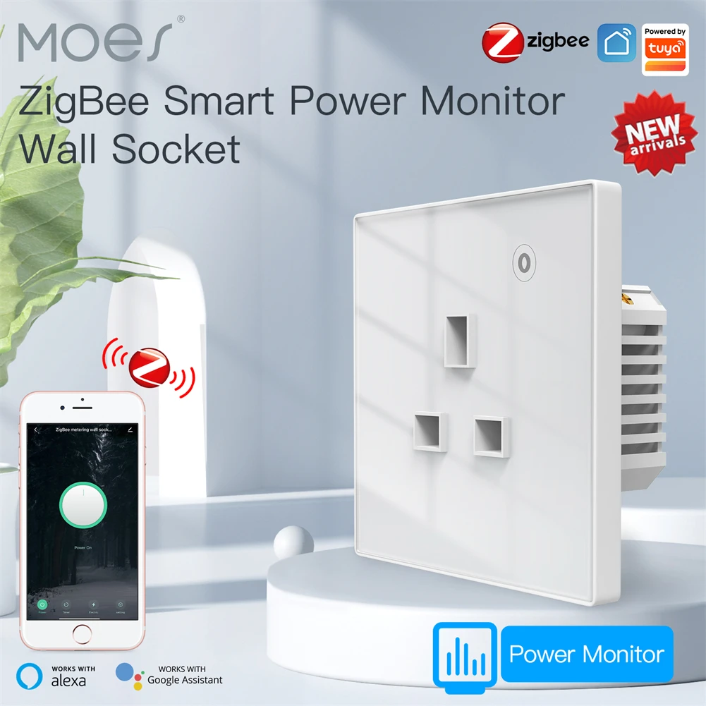 Moes ZigBee Smart Wall Socket Glass Panel Outlet Power Monitor tuya Wireless Control Mesh Timer Alexa Google Home voice UK EU FR