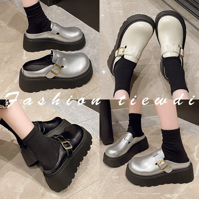 HKDQ Women's Mules Round Toe Platform Heel Smooth-Look Upper Buckle Strap Casual Fashion Daily Walking Trendy Footwear