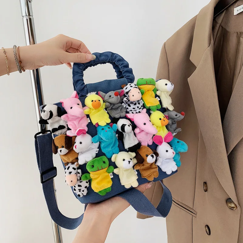 Fashion Women Denim Bucket Cartoon Toy Decoration Handbags and Purses for Female Cute Dolls Design Shoulder Bags Crossbody Bags