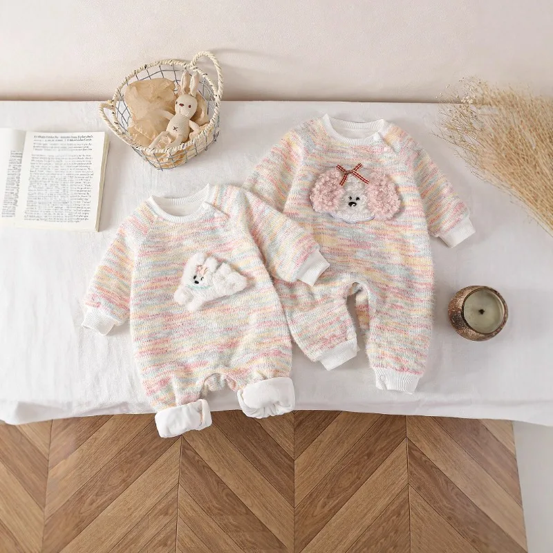 ZOETOPKID Winter Baby Romper Rabbit Knitwear Adorable Baby Clothes with Fleece Lining Thickened Warm Children's Wear