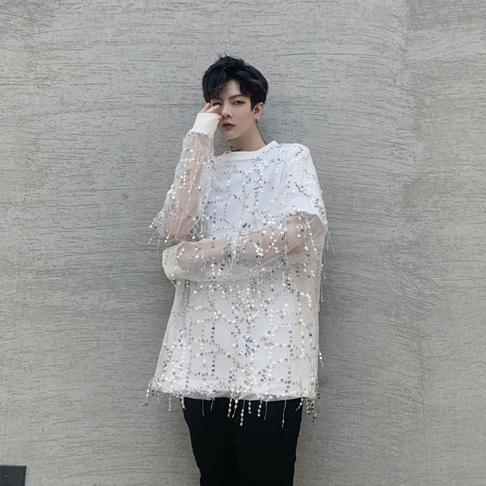2024 Spring Summer Men And Women Tees Sexy Club Clothes Luxury Mesh Sequins Blouses Fashion Tassel Gauze Top Female Party Shirts