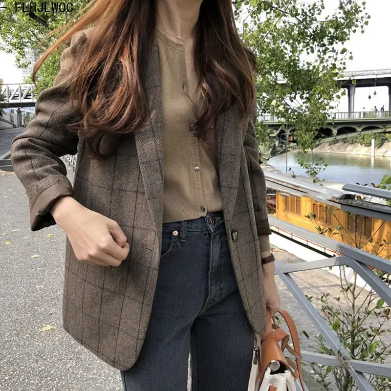 Hot Sales Autumn Spring Cute Plaid Coats Outerwear Women Japan Preppy Style Girls Korea Single Breasted Button Blazer Jackets