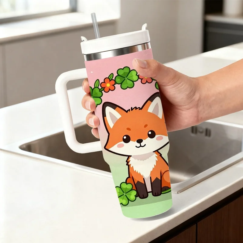Cute Cartoon Red Fox 40oz Stainless Steel Insulated Tumbler, Digital Print Design with Four-Leaf Clover Wreath & Colorful Florals, Gradient Pink-Green Playful Style, Ideal for Daily Drinks, Office Use & Outdoor Errands