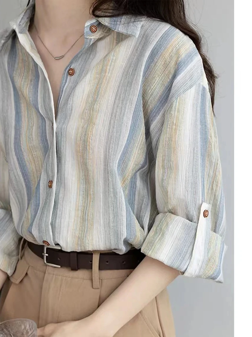 

Summer Thin Women's Sun Protection irt Vertical Stripe Slim Fit Cardigan Sle Inner And Outer Wear Commute Sle Collar