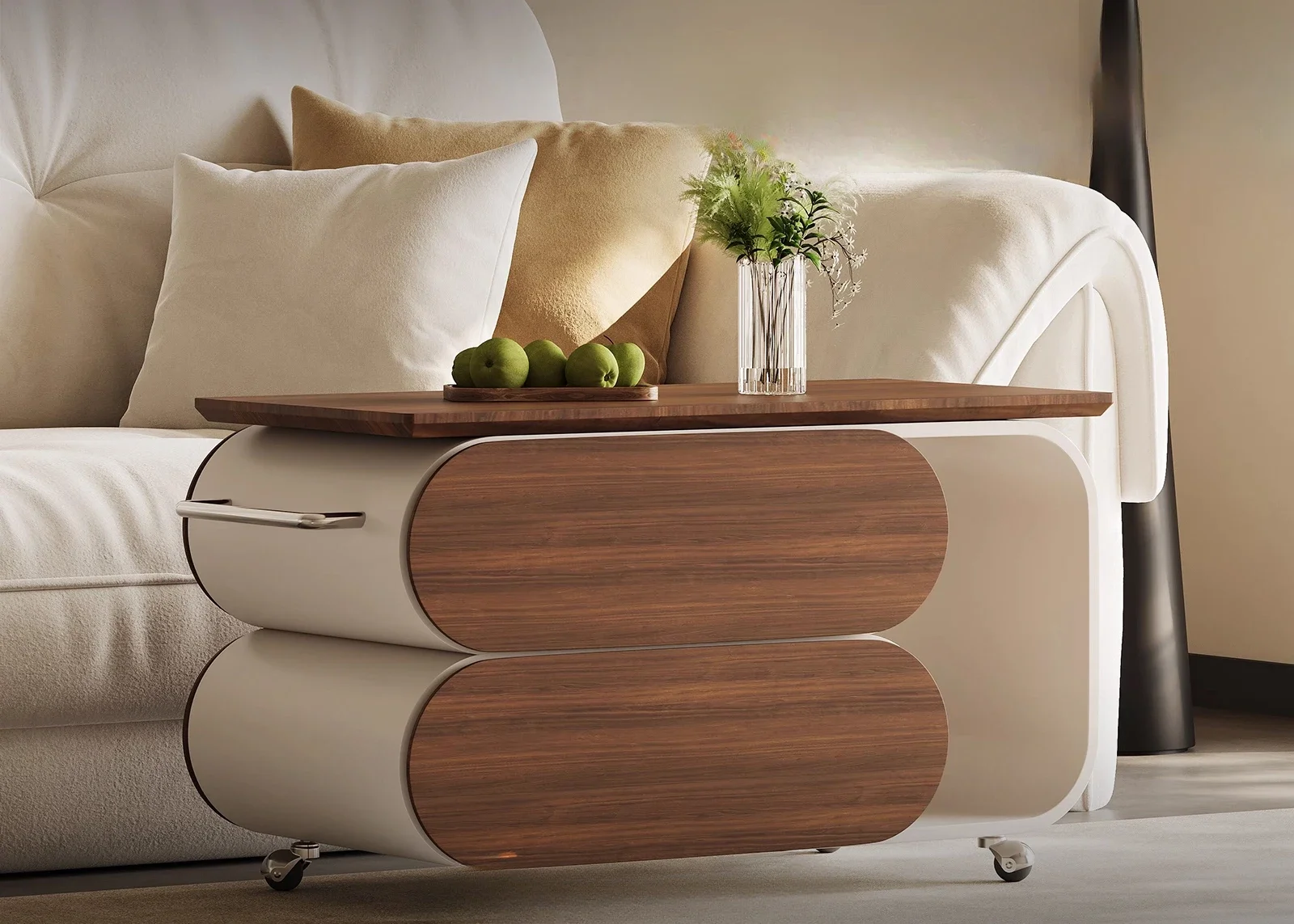 

Cream wind lifting rotating trolley multi-functional movable coffee table solid wood walnut