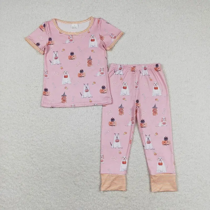 

New RTS Pumpkin Lantern Puppy Pink Short Sleeve Pants Winter Sets Boutique Wholesale Girls Pajamas Kids Trending Clothing 2025