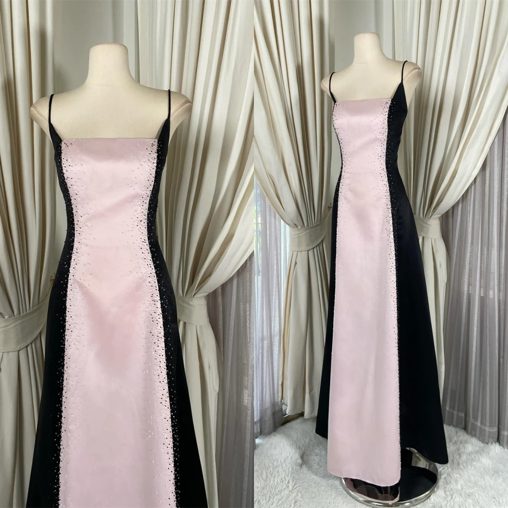 

Customized High Quality pink Satin Evening Dress Elegant Graceful Square Collar Spaghetti Straps Lace Up Back Homecoming Dress
