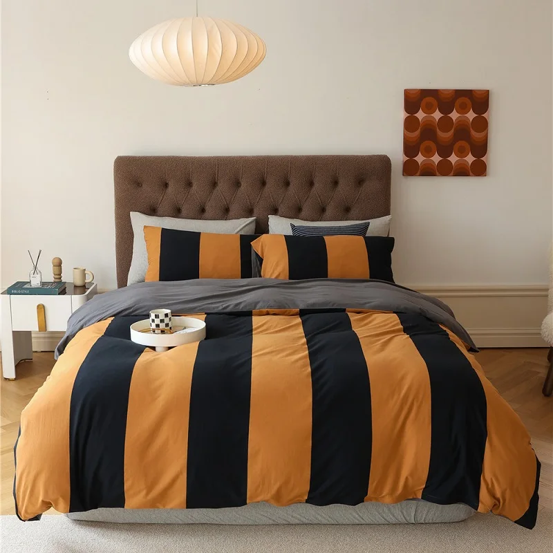 

Simple Four-piece Set Of Cotton Suitable For Sleeping Naked Wide Striped Quilt Cover Knitted Sheet 2023 New Comfortable Durable