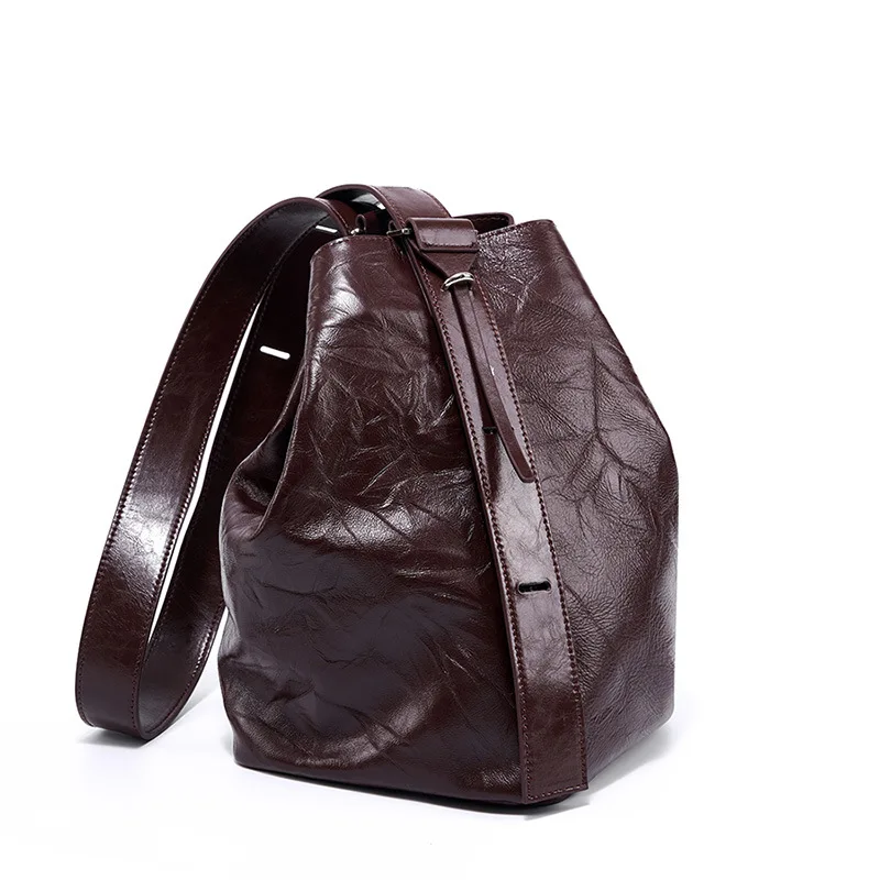 Bolsa de balde de vagabundo para mulheres, couro genuíno, couro natural, bolsa tiracolo grande para senhoras, bolsa de ombro feminina, estilo preguiçoso ruched