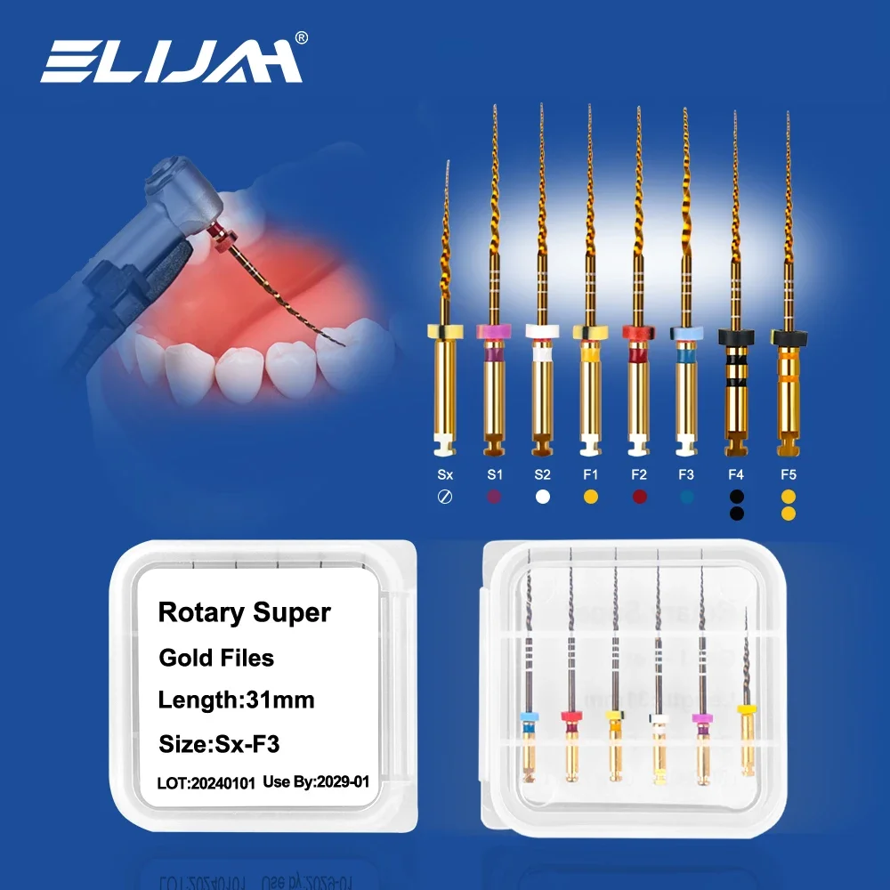 

ELIJAH 6Pcs Dental Heat Activation Super File Gold Rotary Flexible Engine Taper Files Root Canal Dentistry Instrument Material
