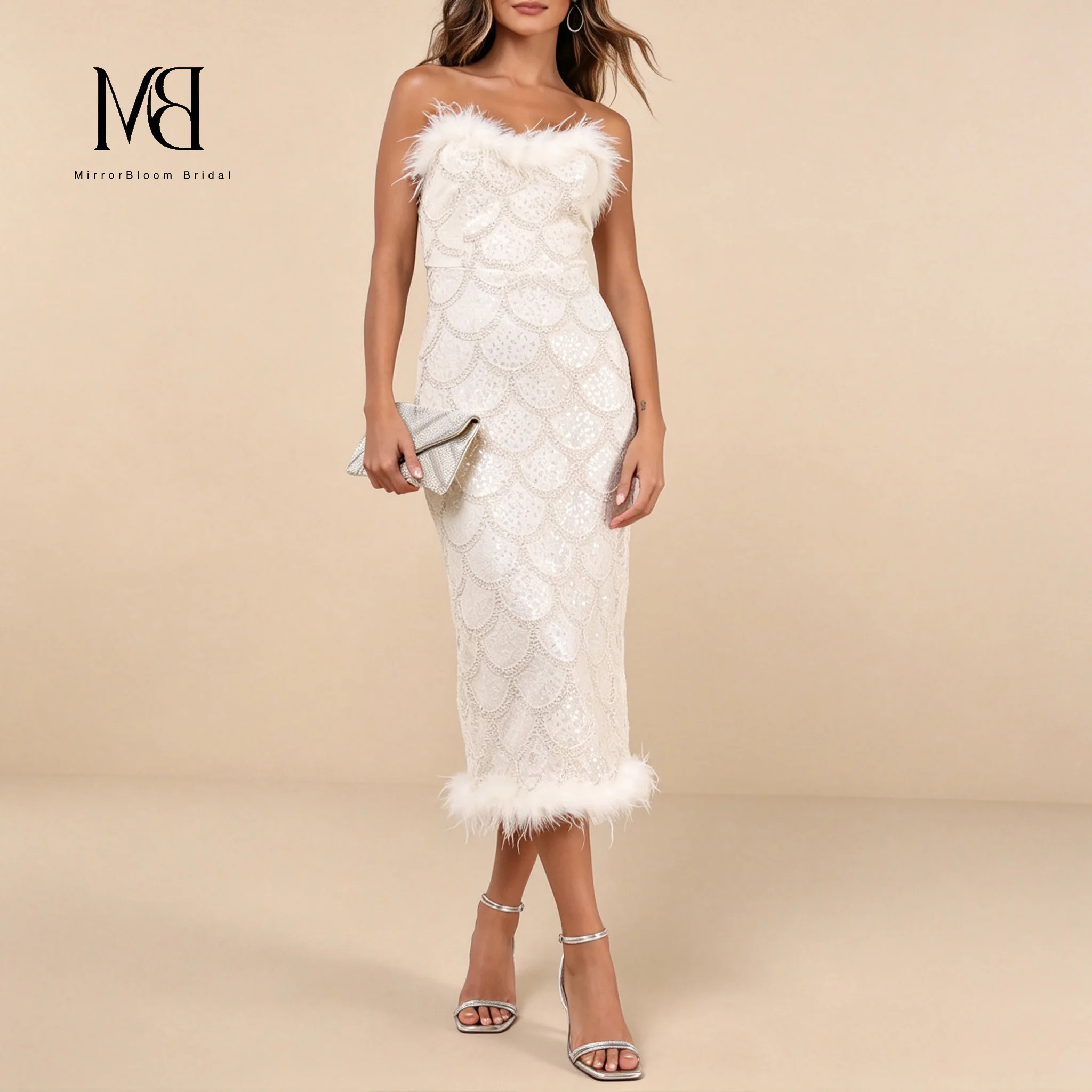 Ivory-white plunging sleeveless fish-tail and calf-length formal evening dress with sequin and feather embellishments
