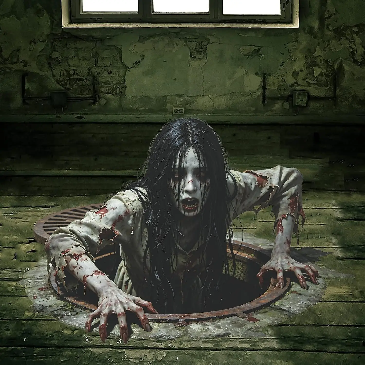 Halloween Zombie Wall Decal, Scary Ghost Woman Sewer Sticker, Customized