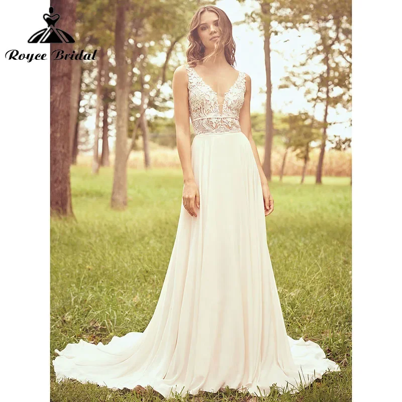 

Vestido De Novia A Line Boho Wedding Dress Sleeveless Tank V Neck Lace Appliques Top Chiffon Backless Bridal Gowns Custom Made