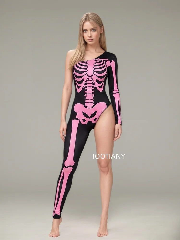 Gotischer Halloween-Skelett-Print-Bodysuit für Damen, One-Shoulder, einlanger Ärmel, asymmetrischer, enger Jumpsuit, Bühnen-Rave-Outfit – Detail 27