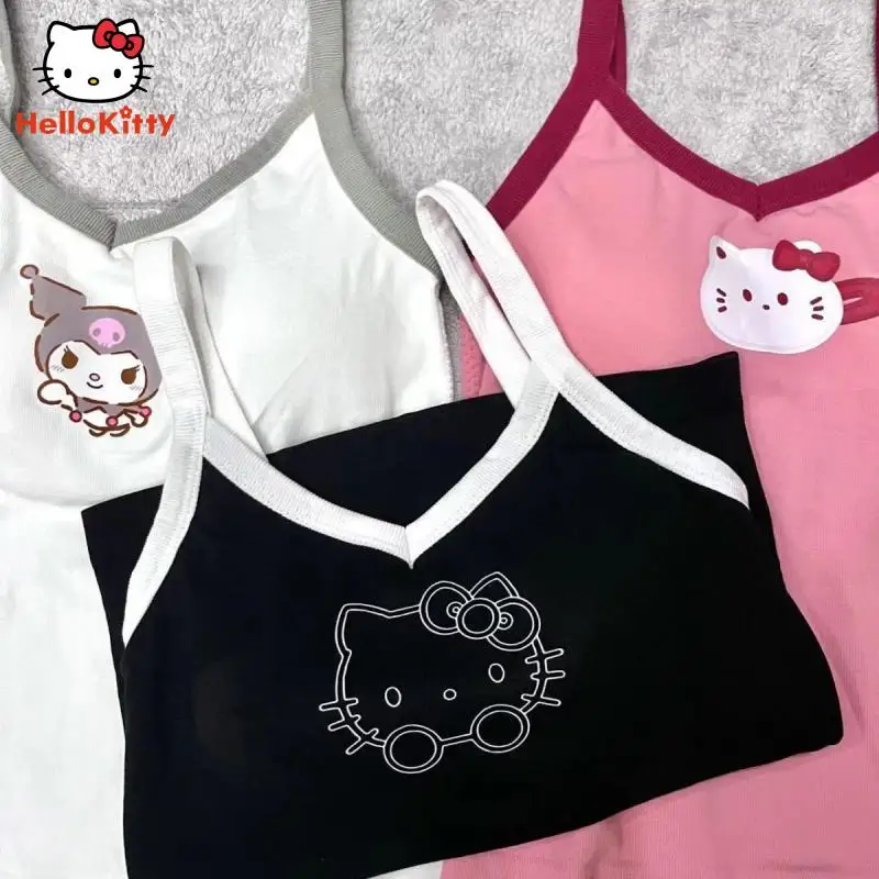 Y 2K Kawaii Girly Sling Vest Anime Cartoon Hellokitty Kuromi Ondergoed Zomer Tops Vakantie Strandkleding Met Borst Pad Japans