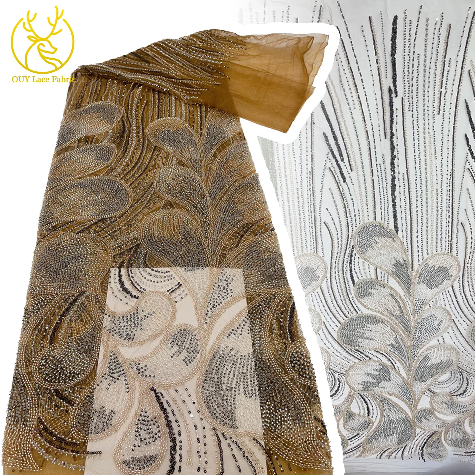 

Newest African French Sequins Beaded Lace Fabric 2025 High Quality Gold Lace Fabric Nigerian Tulle Mesh Lace Fabric For Weddings