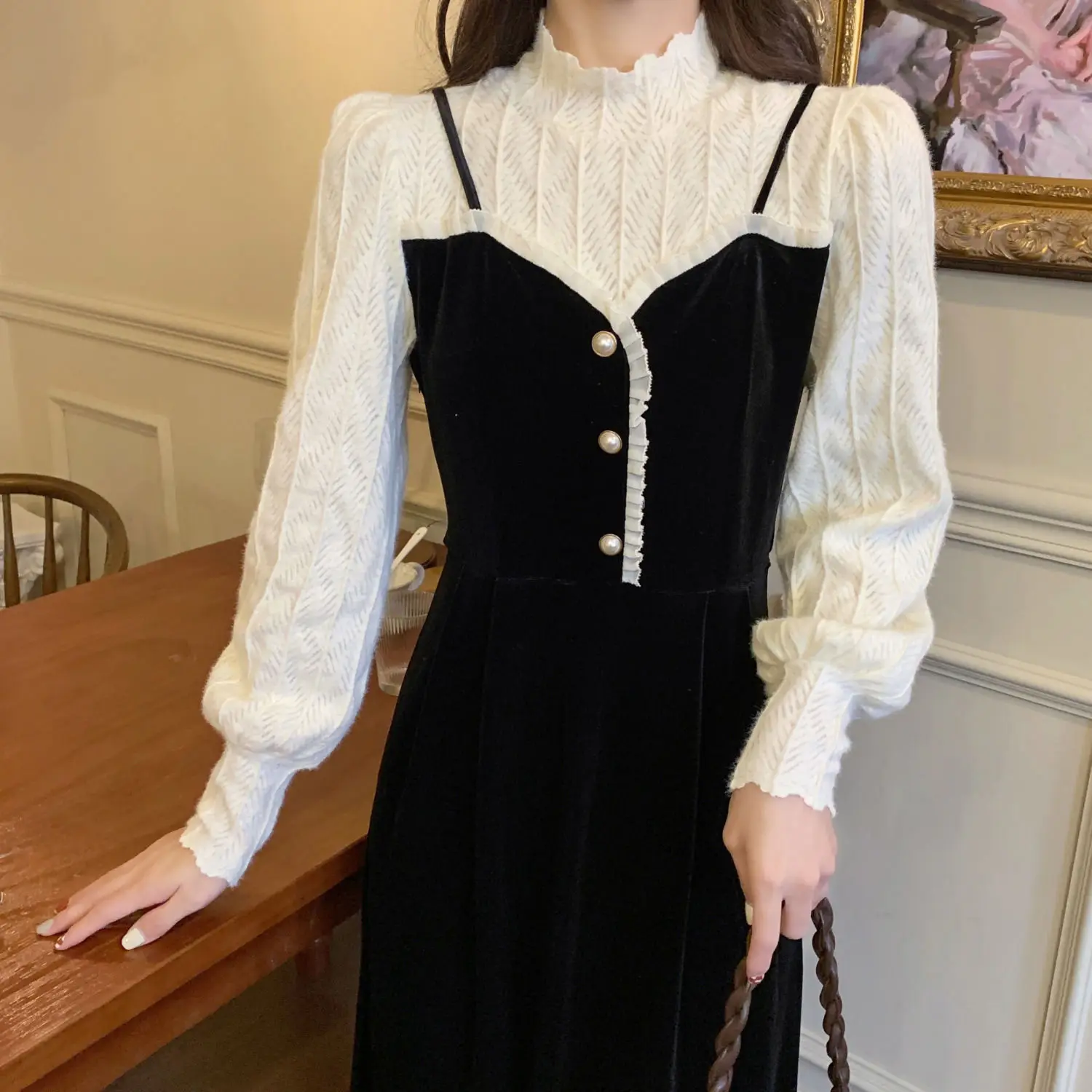 Women's Black Velvet Patchwork Knitted Dress Thick Warm Casual Home Dress Korean Vintage Prom Dress Autumn and Winter Fashion