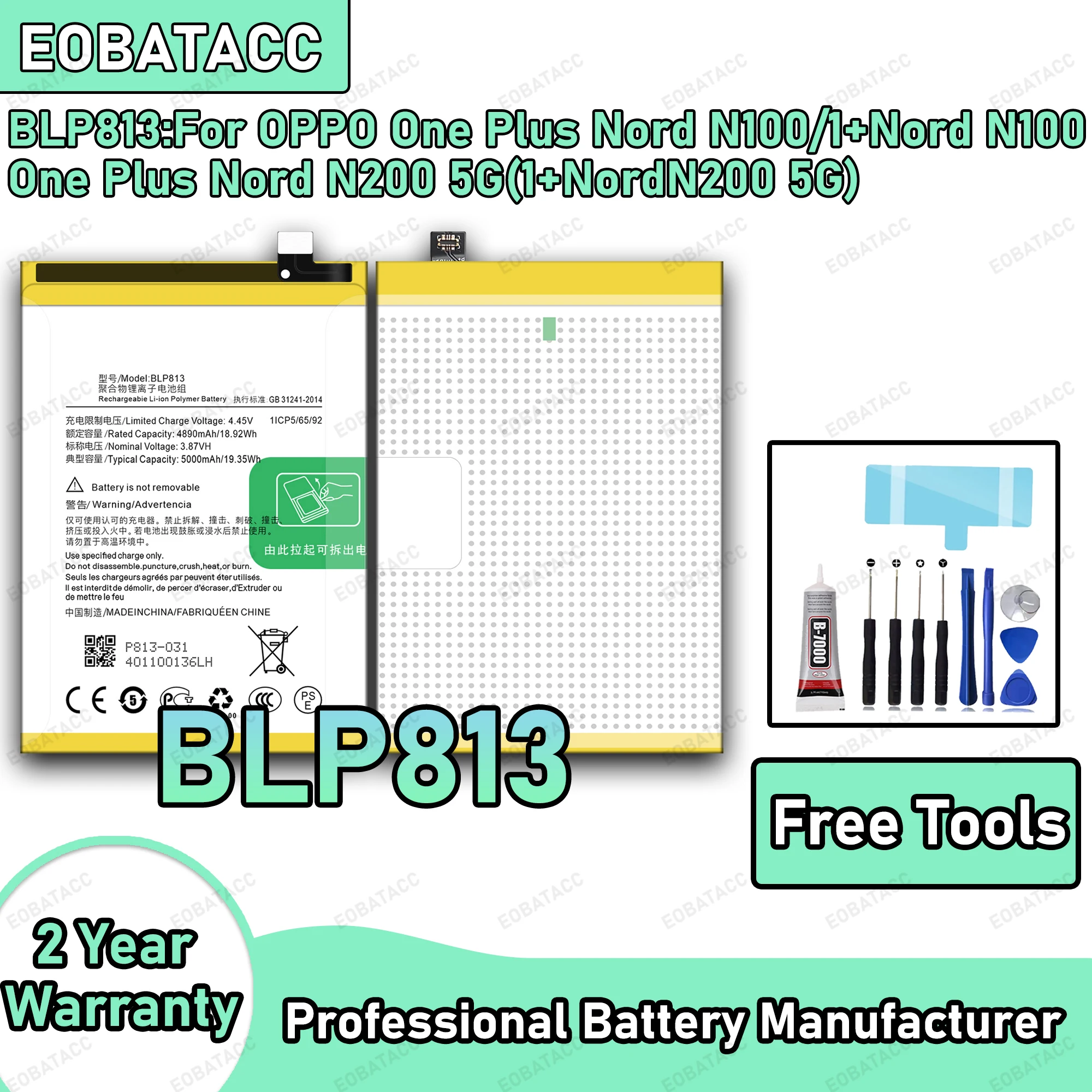 

100% New Zero Cycle BLP813 Battery For OPPO ONEPLUS Nord N100/ONEPLUS Nord N200 5G Batteria+Tools