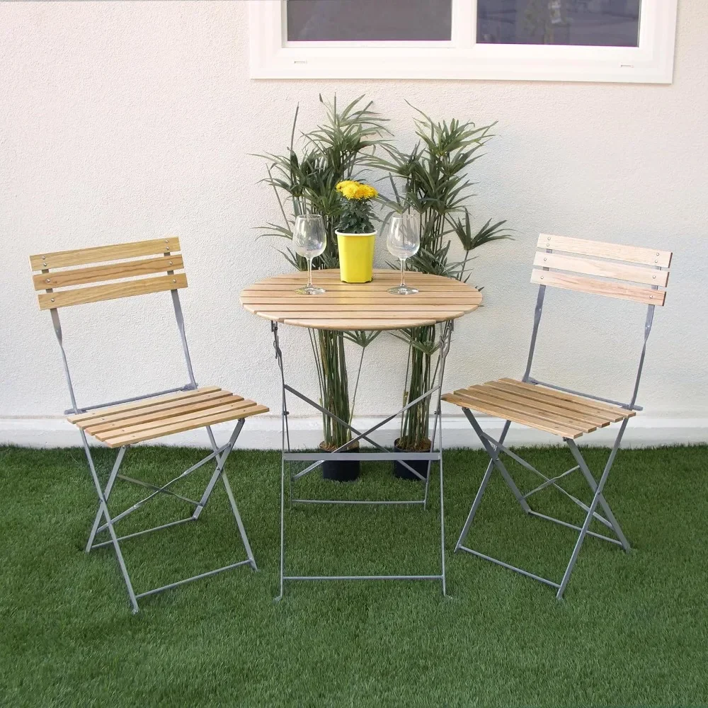 

3-Piece Wood Slat and Metal Bistro Set Garden Furniture, Silver/Neutral