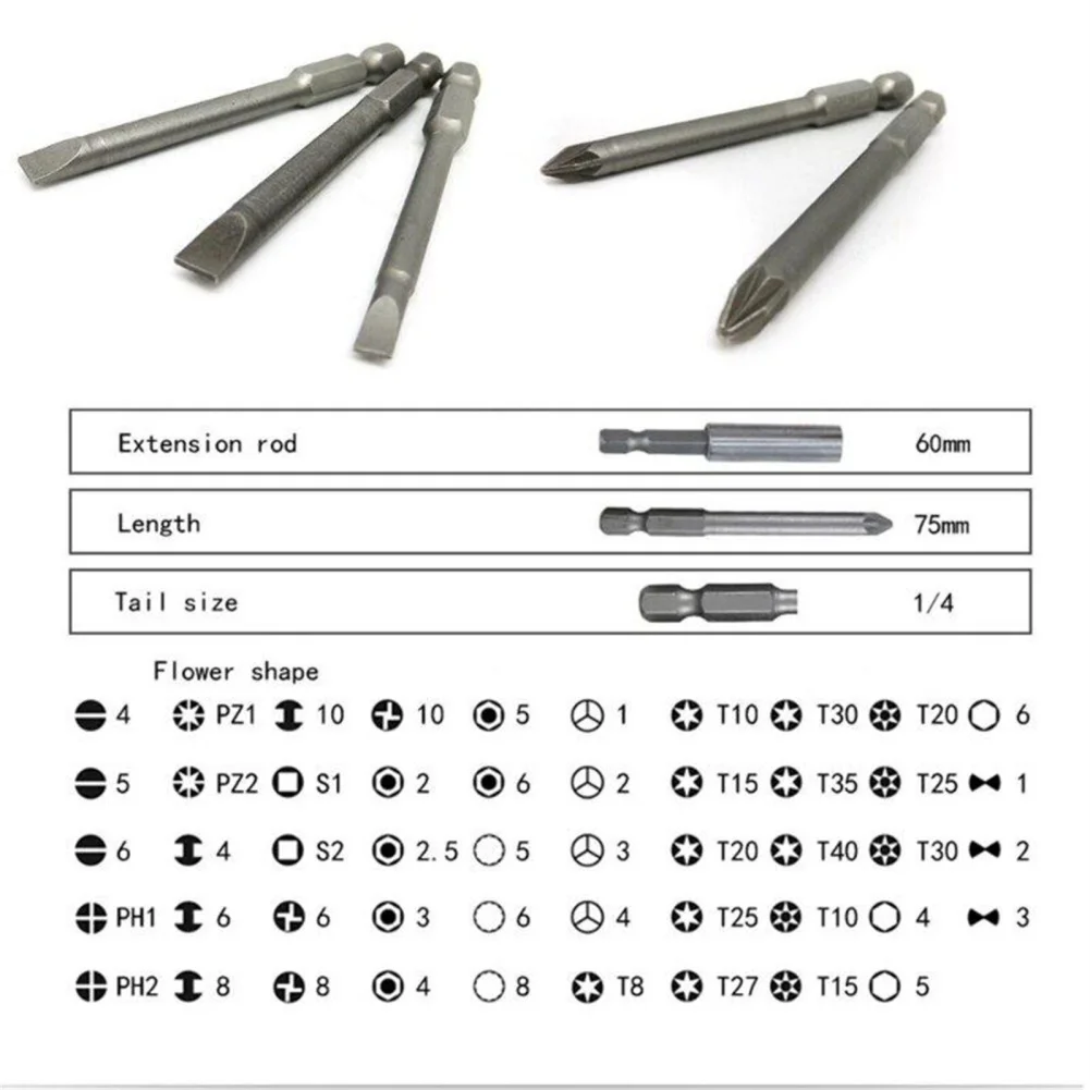 50 Stuks Magnetische Schroevendraaier Bit Set Met Opbergdoos 75Mm Ultra Lange Hoge Sterkte Chroom Vanadium Stalen Boor Set