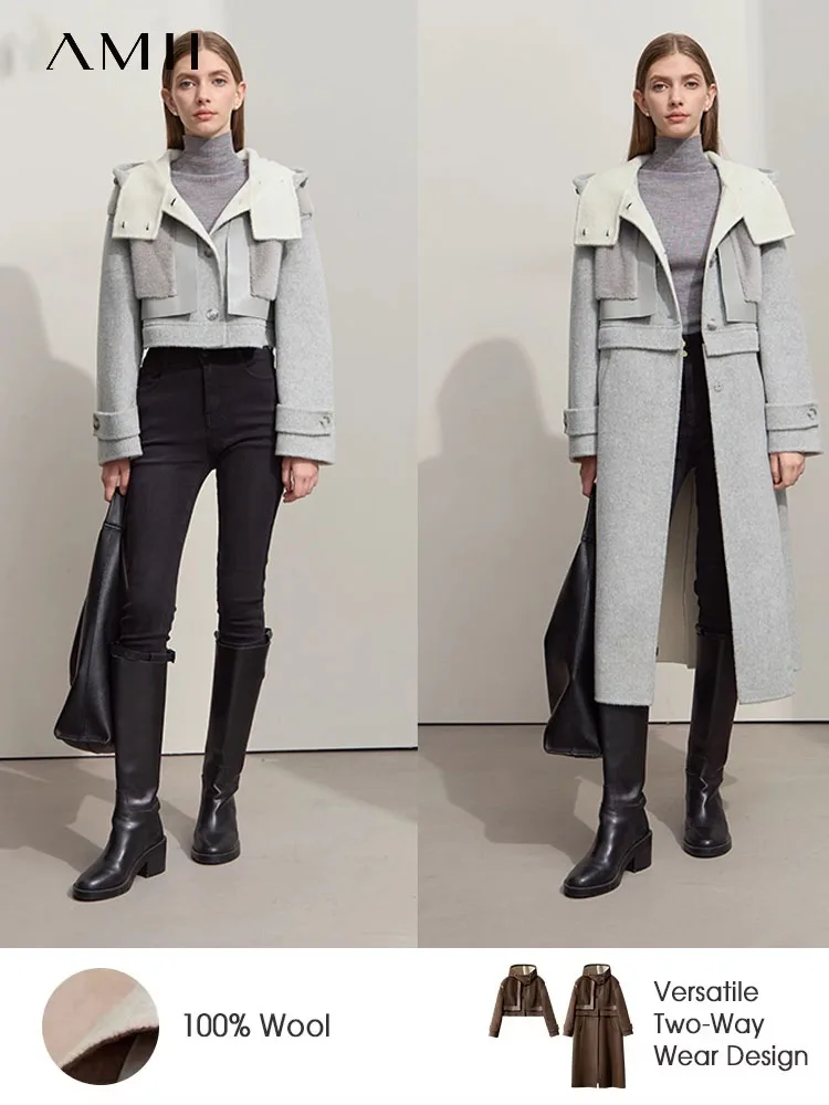 Amii Minimalist 2025 Winter Women's Jacket Hooded Splicing Zipper PU Leather Loose Long Coat Two Wear Wool Coats 12444138