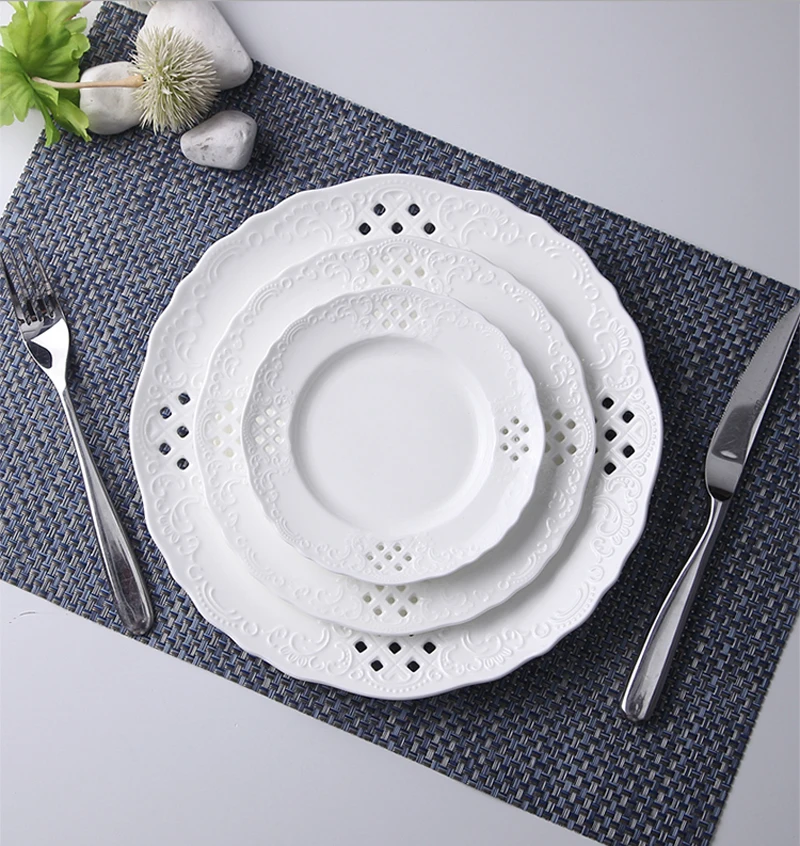 3pcs Set, 6+8+10inch, Plain White Embossed Porcelain Dinner Plate Sets, Ceramic Wedding Dessert Plate,serving Dish Elegant Party