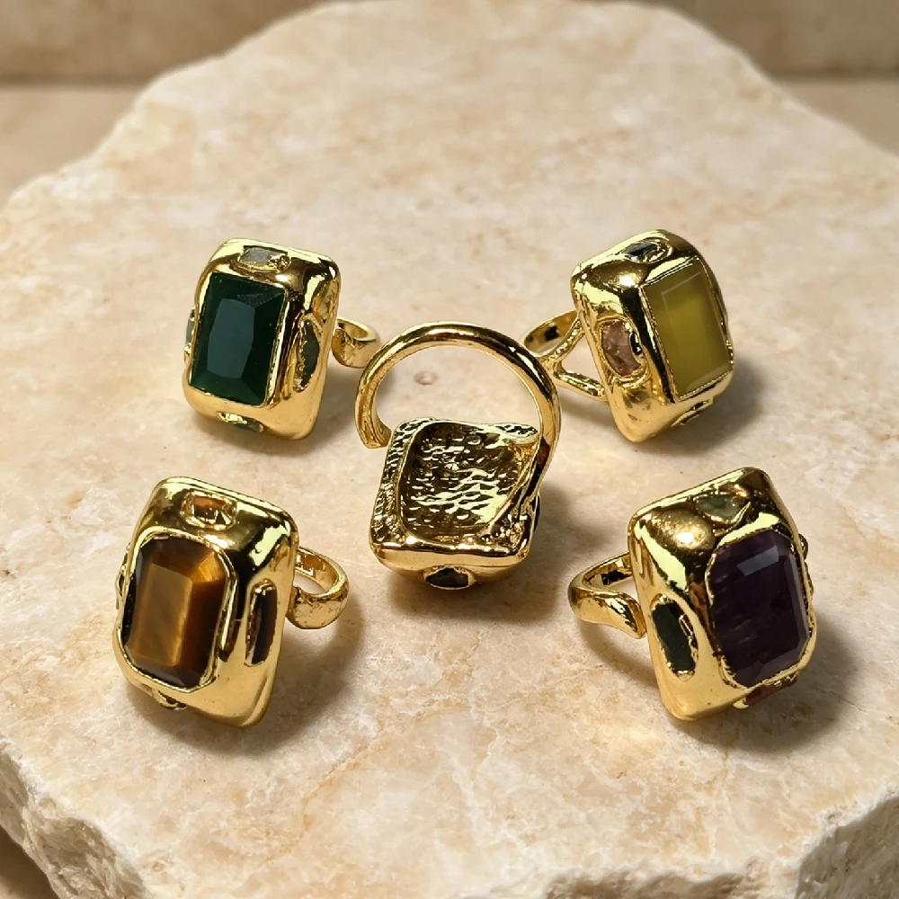Rectangle Faceted Natural Mineral Finger Charms Square Cut Crystal Bezel Set Adjustable Open Band Golden Plated R2G117