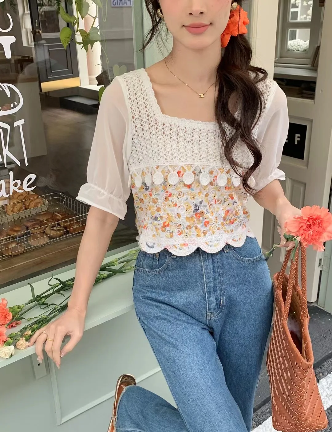 Women Crochet Knit Top with Chiffon Sleeve Square Neck Sequin Blouse Teengirl Spring Summer Fairycore Outfit