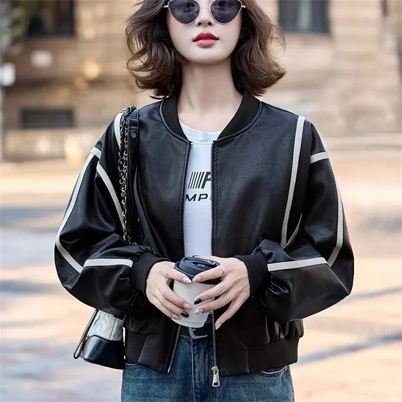 2025 Ladies Color Blocking Baseball Jacket Autumn Female Leisure PU Leather Coat Retro Women Fashion Loose Faux Leather Outwear