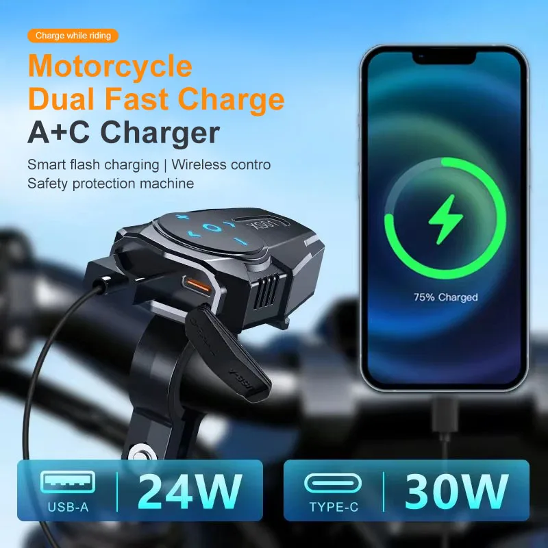 

Motorcycle Wireless Remote Control Media Controller with 54W PD+QC3.0 Phone Power Socket Handsfree Kit for Helmet Earphone Bike