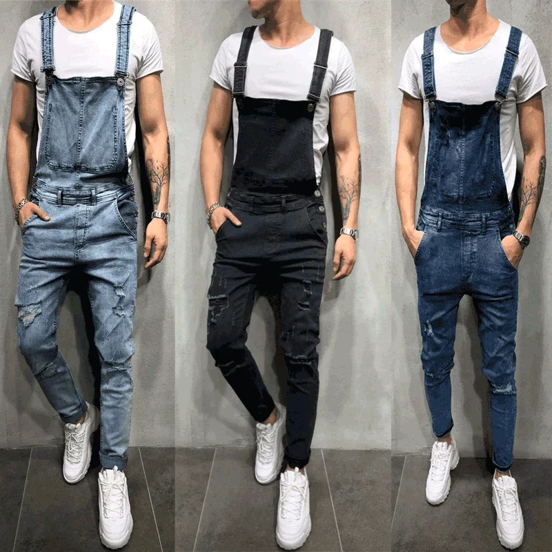 Men Jeans Jumpsuits Denim Ankle Length Pencil Pants Overalls Mid Waist Pockets One Piece Casual Washed Distressed Spliced 2025