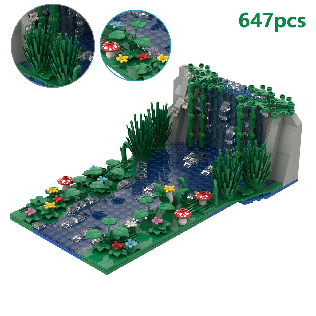 MOC Waterfall Scene Small Particle 647pcs Building Blocks Set Creative Pond Flower Mushroom Assembled Model Bricks Kids Toy Gift