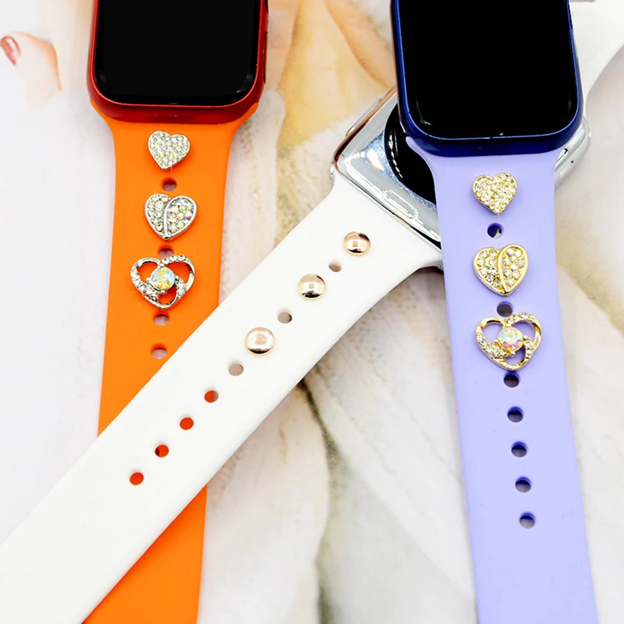 3-Pcs Studs For Apple Watch Band Ultra 2 Rhinestone Heart Graceful Style Decorations For Smart Watch And Apple Watch Strap 44MM