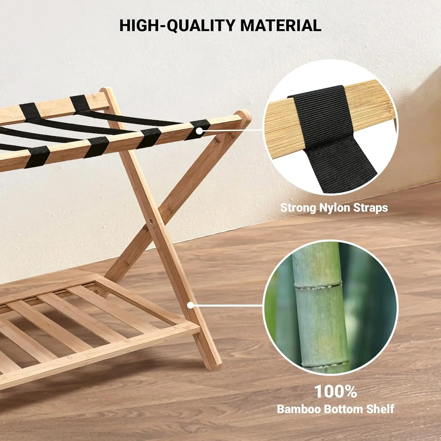 Luggage Rack for Guest Room, Bedroom, Hotel - Natural Bamboo Suitcase Stand, Foldable with 2 Layers  Luggage Racks for Suitcases